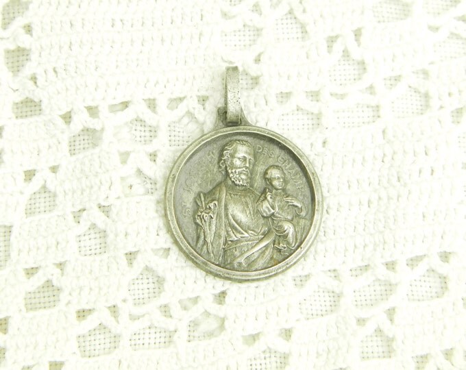 Vintage French Religious Silver Medal Saint Joseph and Baby Jesus / Christian / Religion Charm Journey / Catholic / Catholic / Church