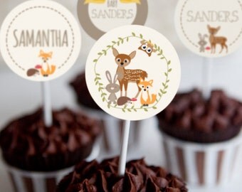 Woodland Baby Shower Cupcake Toppers - Woodland Toppers - Instantly Downloadable and Editable File - Personalize at home with Adobe Reader