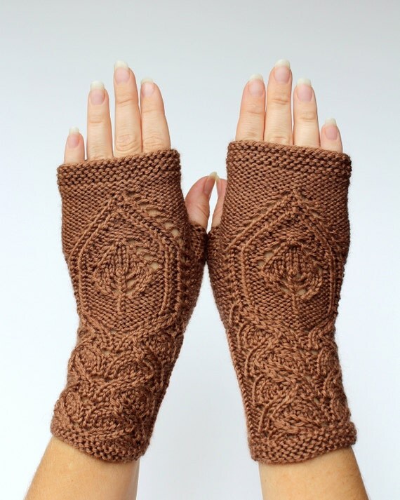 Hand Knitted Fingerless Gloves Leaf Brown Gloves