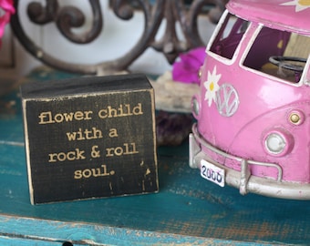 hippie decor, flower child, rock and roll, boho decor, bohemian, wooden decor Block, rustic, distressed, customize, black decor