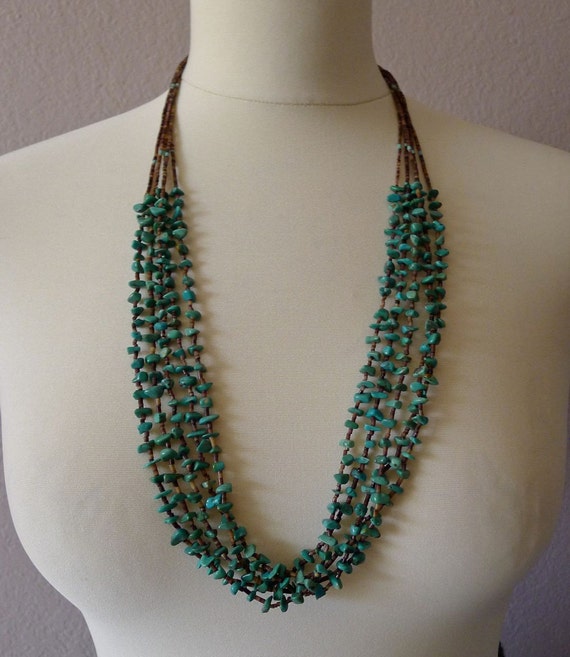 Turquoise Heishi 5 strand necklace olive shell vintage Santo