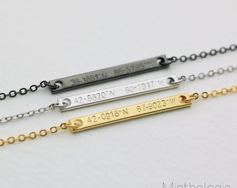 Custom Coordinates Necklace N43A • Gold, Silver, Rose Gold, Custom Hand Stamped, Personalized Bar Necklace, Engraved, Bridesmaid Gift