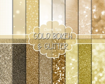 Gold digital paper: "GOLD BOKEH & GLITTER" with gold glitter background and gold bokeh background for photographers and scrapbooking