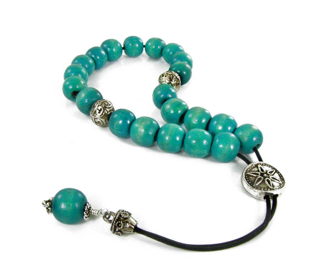Greek Worry Beads Komboloi Blue Wood Beads with Silvertone