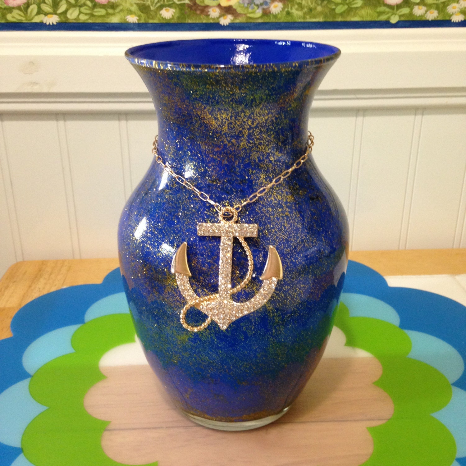 Anchor Room Decor/ Nautical Vase With Anchor Necklace/ Blue