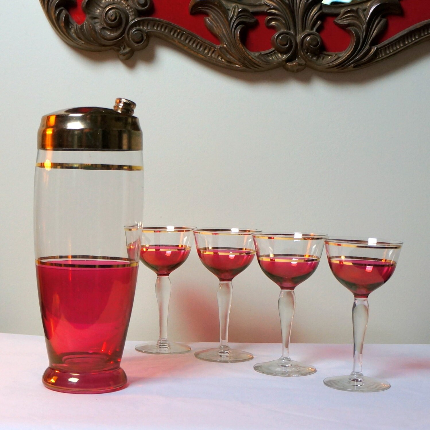 Shaker Cocktail Glass Set 1950s Vintage Cranberry Gold Stripe