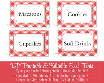 Red Checked Gingham Printable Party Food Tents - Folding Editable Buffet Food Labels Escort Place Cards - Cayenne Gingham Picnic BBQ Plaid