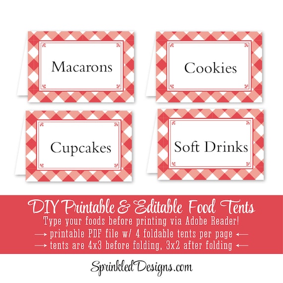 Red Checked Gingham Printable Party Food Tents - Folding Editable ...