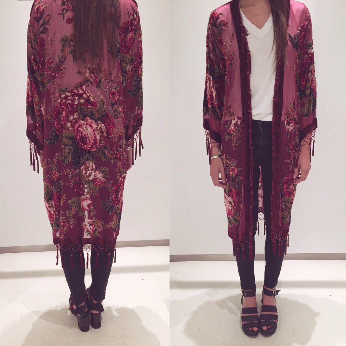 Women Boho Fringe Floral Kimono Cardigan Tassels by HippieMassa