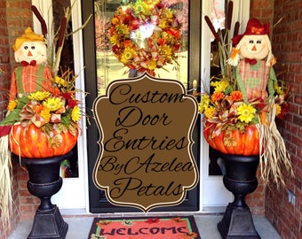 Custom Fall Door Entrance Decor, Scarecrow Front Door Topiaries, Harvest Urns, Fall Pumpkin Arrangement Home Decor, Door Wreath