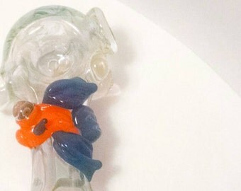 Orange & Blue Fish Critter Flower Stamp Color Changing Hand Blown Glass Tobacco Pipe