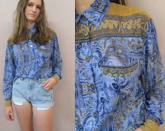 Vintage 80s 90s Blue Ethnic Blouse//sheer blouse boho hippie slouchy oversized long shirt dress gypsy//see measurements