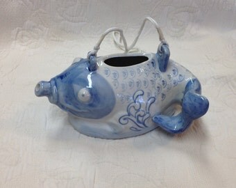 Hand Painted Blue Koi Fish Porcelain Tea Pot, Oriental Decorative Tea Pot, Asian Blue Koi Porcelain, Blue and White Porcelain