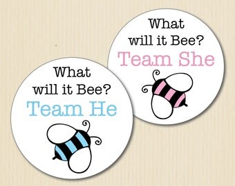 BUMBLE BEE Gender Reveal Party Stickers, What will it Bee, Team He, Team She, Baby Shower, Team Pink, Team Blue, Team Boy, Team Girl