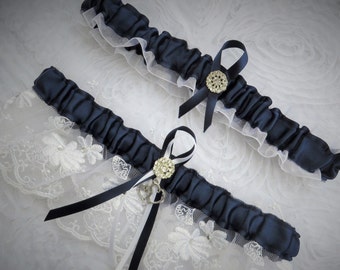 Something Blue Wedding Garter Set, Bridal Garter, Keepsake and Toss-away Garter Set, Wedding Garter, Lace Garter, Navy Blue and White Garter