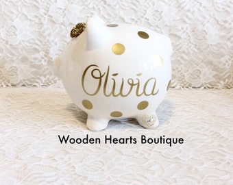 Large Gold NAME Personalized Piggy Bank custom made for a sweet girl, or boy, first birthday, baby girl, baby, Gatsby