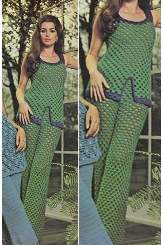Crochet Pattern Vintage 70s Green Crochet Pants and Crochet