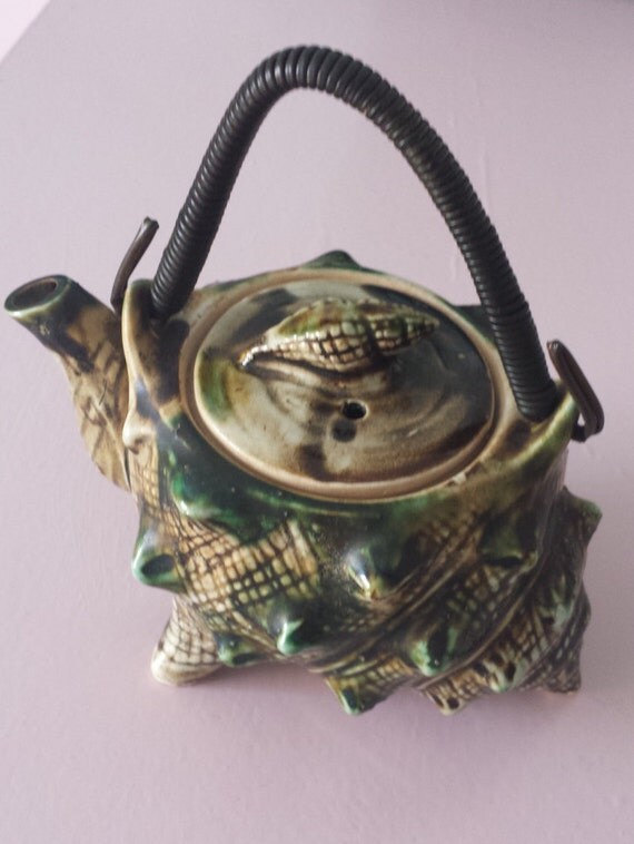 Vintage teapot green textured seashell teapot ceramic teapot