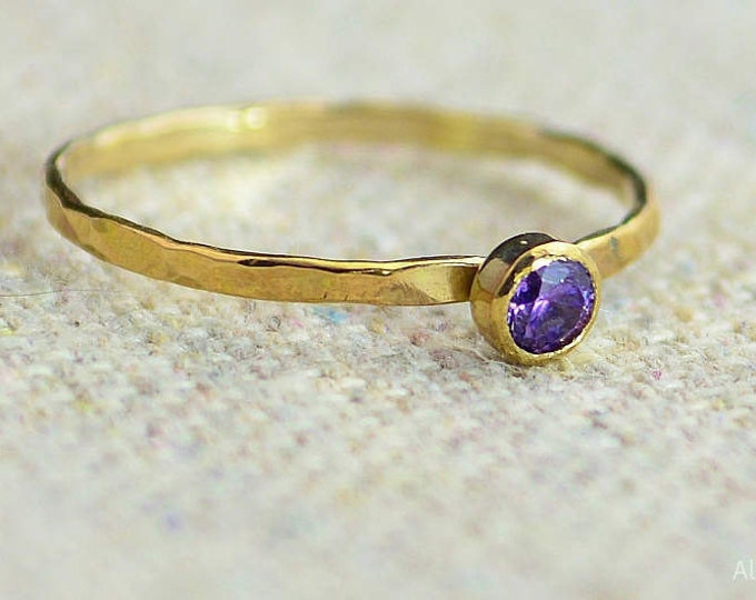 Dainty Gold Filled Amethyst Ring, Hammered Gold, Stacking Rings, Mothers Ring, February Birthstone, Amethyst Ring, Rustic Amethyst Ring