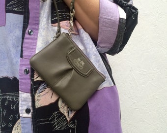 Authentic designer Coach greige/grey real leather coin purse with wristlet strap
