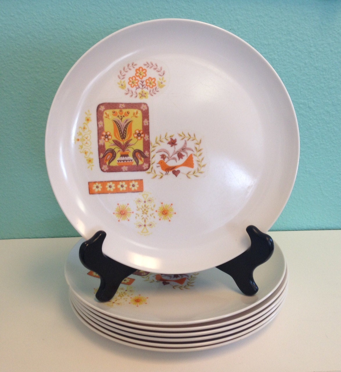 Vintage Melmac Plates Melamine Dinner Dishes Novelty Print