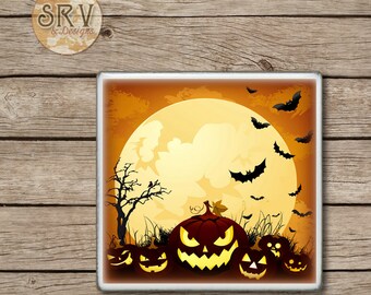 ON SALE Spooky Pumpkins Drink Coaster(s), Halloween Handmade Design, Ceramic Tiles, Beer Coaster, Party Favor, Full Moon and Bats, Made To O