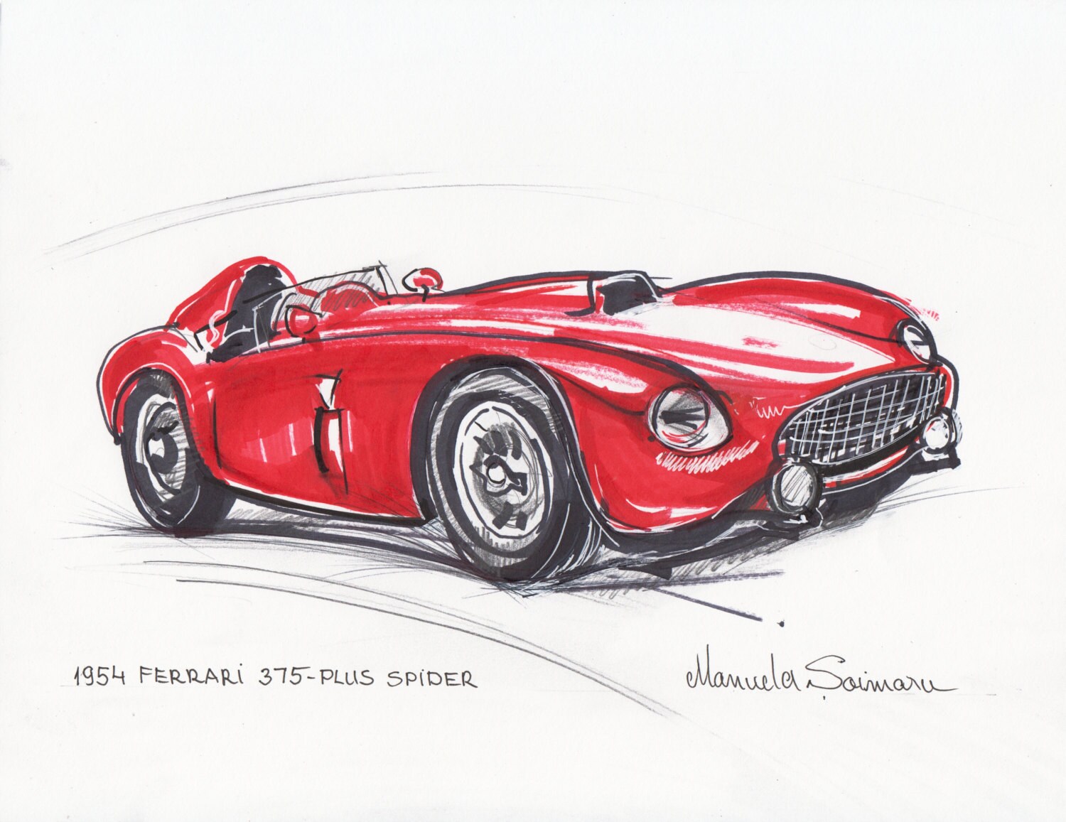 Classic Car Print 1954 Ferrari 375 Red Car Drawing Racing Car