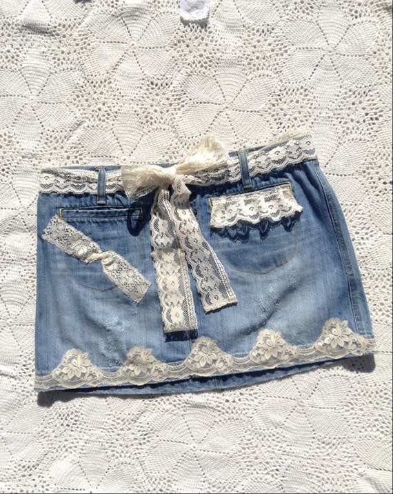 Items similar to SALE! Upcycled Denim Mini Skirt, embellished mini ...