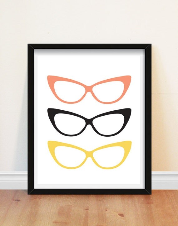 Cat Eye Glasses Art Print Pink Yellow Black Retro Wall Decor