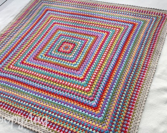 Retro Crochet Blanket ~ Modern Vintage Granny Square Afghan ~ Multicolour Crochet Throw ~ Home, Camping, Festival, Garden ~ Made to Order