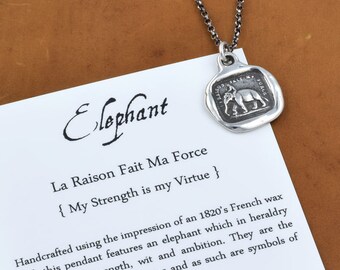 Elephant Strength wax seal necklace from antique french seal - My Strength is my Virtue - 229