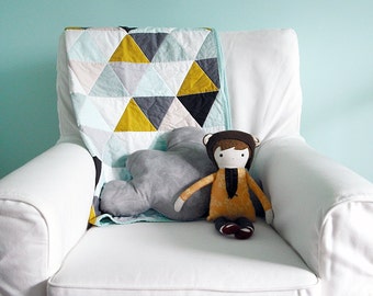 Modern Geometric Baby Quilt in Mint and Multi Color Triangles for Boy or Girl – Reversible