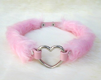 Pink Fur BDSM Collar Choker, Cute Pastel Goth Heart Choker, Kawaii Daddy Choker Pink DDLG Collar, Furry Pink Chocker Collar, Kerenika