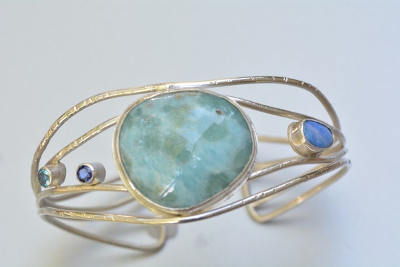 Larimar Cuff Bracelet in Silver Blue Gemstones by ZeniaLisJewelry