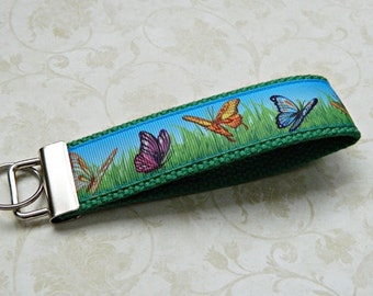 Beautiful Butterflies On Green Wristlet Key Fob Key Chain - READY TO SHIP - Ribbon - Blue - Orange - Butterfly - Keyfobs - Wristlets -Cyndee