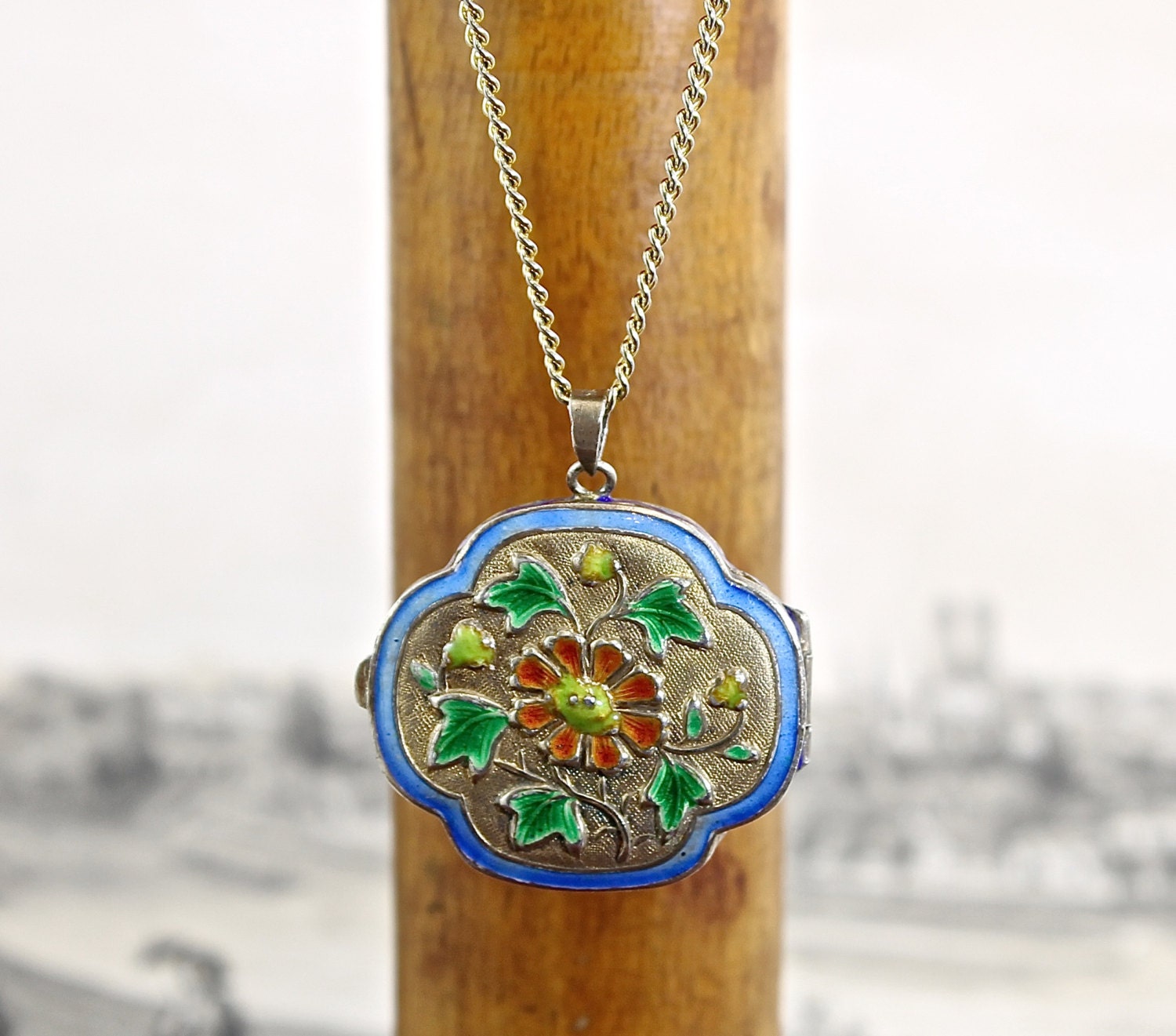 Deco Enameled Pill Box Locket Necklace Vintage Chinese Export