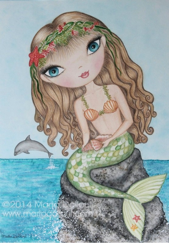 Mermaid watercolor art . Little Mermaid original painting.