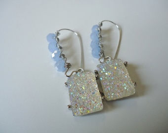 White Druzy Earrings, Blue Rondelle Bead, Kidney Hoop Earrings, Square Druzy Pendant, Small Rondelle Beads, Wirework Jewelry