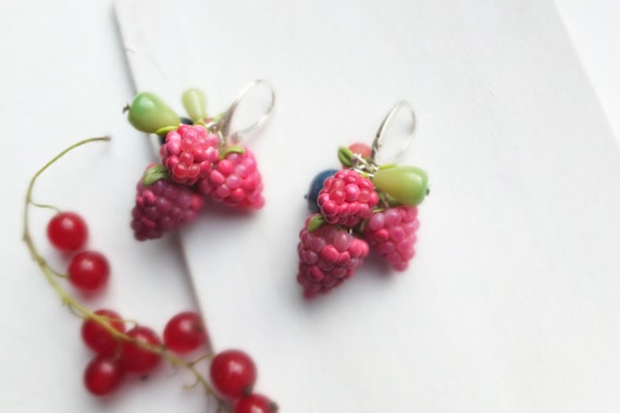 Handmade berries & pears earrings, polymer clay, raspberries, blueberries, nature jewelry, fruit earrings, wedding earrings, carmen miranda