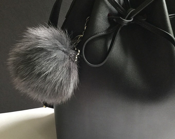 Dark Gray Fox Fur Pompom bag charm pendant Fur Pompoms keychain with flower clover charm in silver