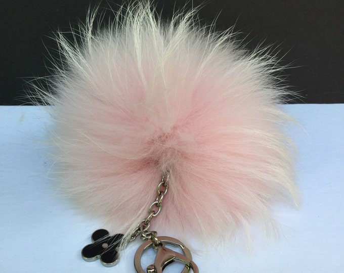 Pudre Pink with white markings Raccoon Fur Pom Pom luxury bag pendant + black flower clover charm keychain