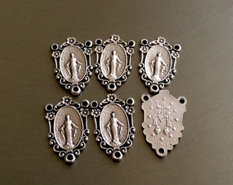 Madonna Miraculous Medals Rosary Centerpiece Vintage style 6 Medas STAMPED ITALY Double sided Medal