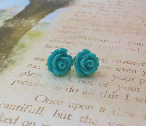 Items similar to Teal Rose Stud Earrings on Etsy