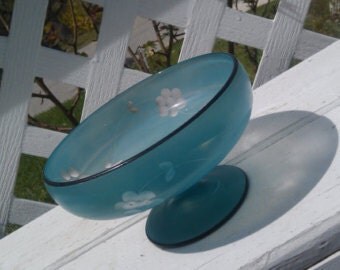 Vintage Blue Glass Floral Decorative Compote Bowl 1970s