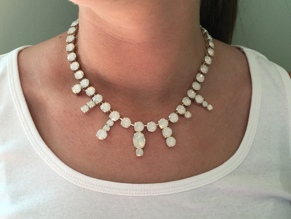 Matte Silver SALE ** Swarovski White Opal Crystal Bridal Necklace