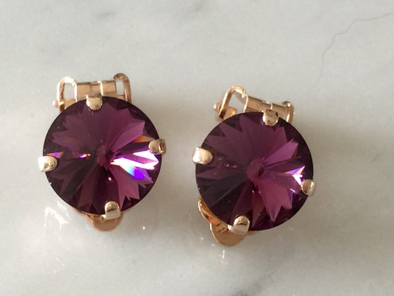 Amethyst Crystal Clip On Earrings, Crystal Clip On Earrings, Swarovski Amethyst Crystal Clip On Earrings, Amethyst Crystal Clip On Earrings