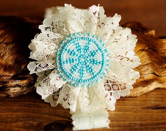 Lace headband, Lacy aqua baby, toddler headband, Newborn photo, Girls Headband, Shabby Chic Baby, tribal baby, native american, beadwork