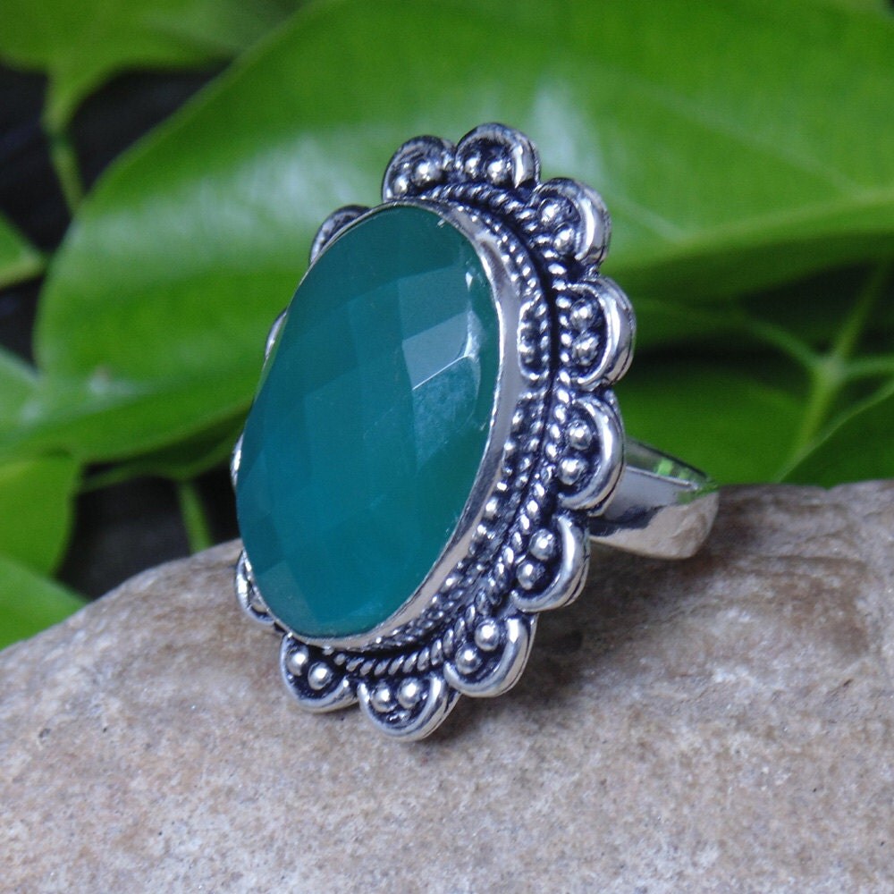 Green Onyx Ring Checker Cut Onyx Jewelry Oval Cut Onyx