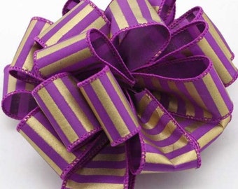 On Sale 10 Yards of 1 1/2" Purple and Gold Lines Satin Wire Edge Ribbon