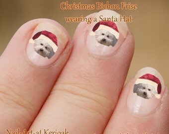 Christmas Bichon Frise Nail Art Stickers,, Dog Decals, Bichon Frisé wearing a Santa Hat, fun to wear, great gift